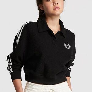 Victoria’s Secret Reverse Fleece Cropped Polo Sweatshirt Black NWOT Size Large
